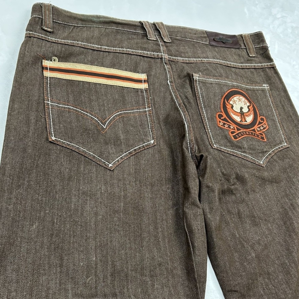 Knockout Jeans Easy Fit Pants Mens 44x32 Brown Contrast Stitch Embroidered Eagle